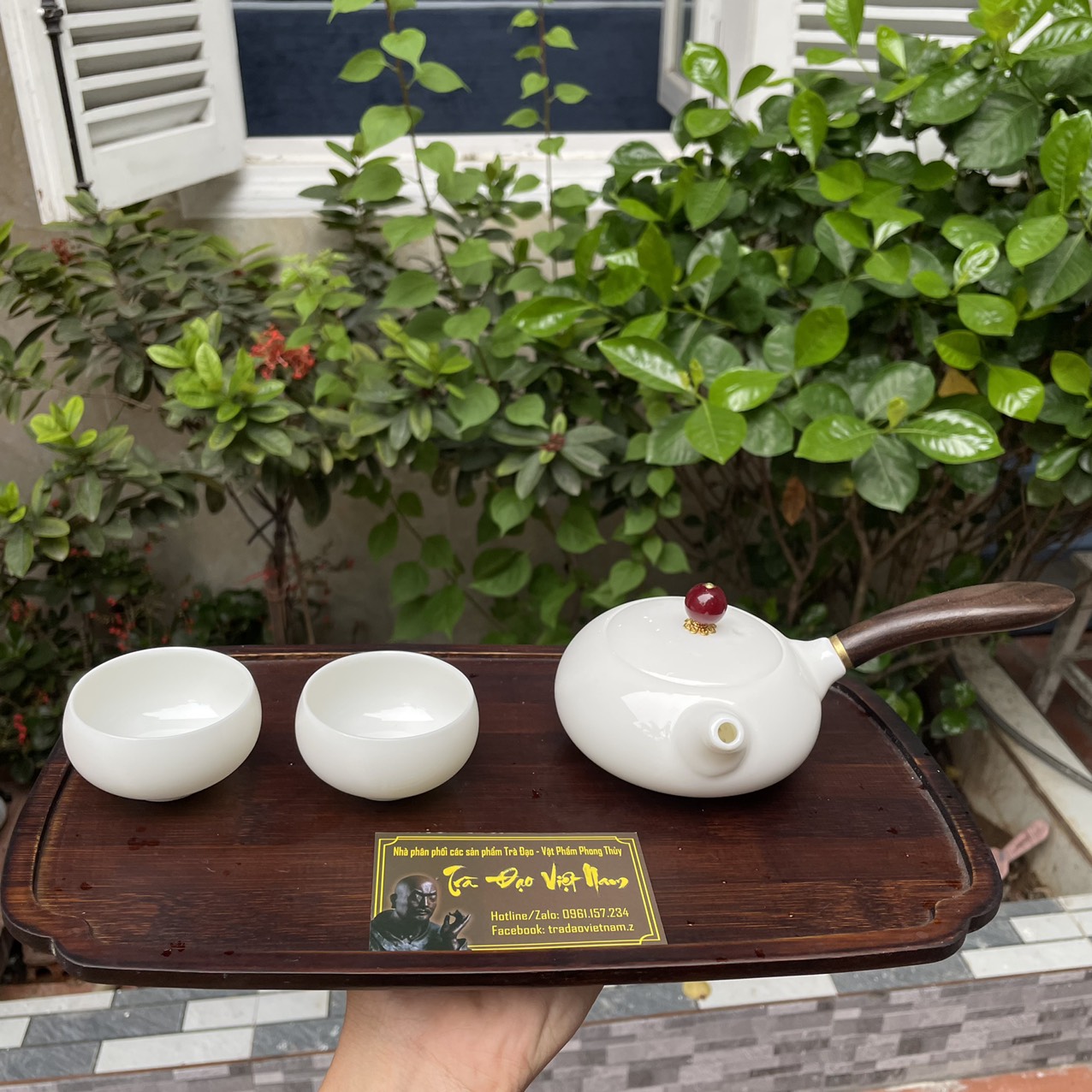 Ấm trà sứ quai gỗ kiểu Nhật - sứ Bạch Định
