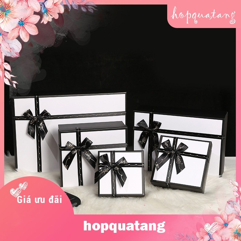 Hộp quà sinh nhật màu trắng nơ đen hộp quà tặng hộp đựng quà cứng
