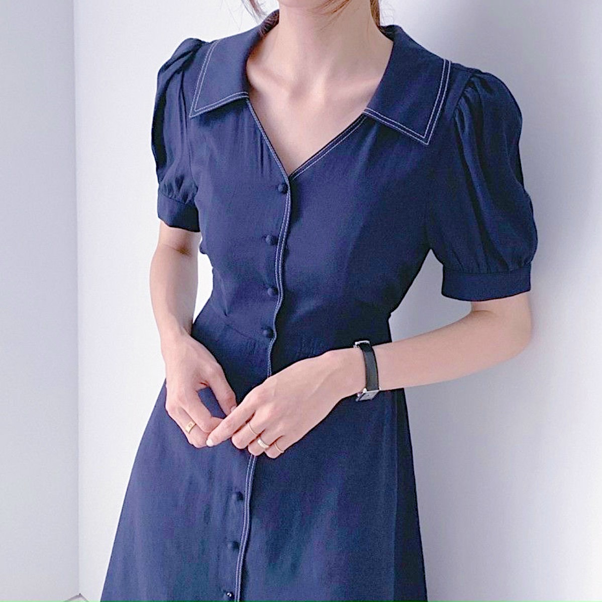 Đầm xanh cổ sơ mi viền trắng