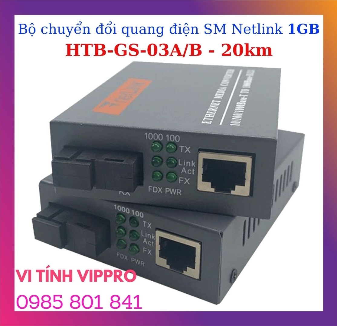 Cặp Converter Quang 1000MB (1GB) Netlink, Single Mode 20km HTB-GS-03 A/B. BH 12 tháng