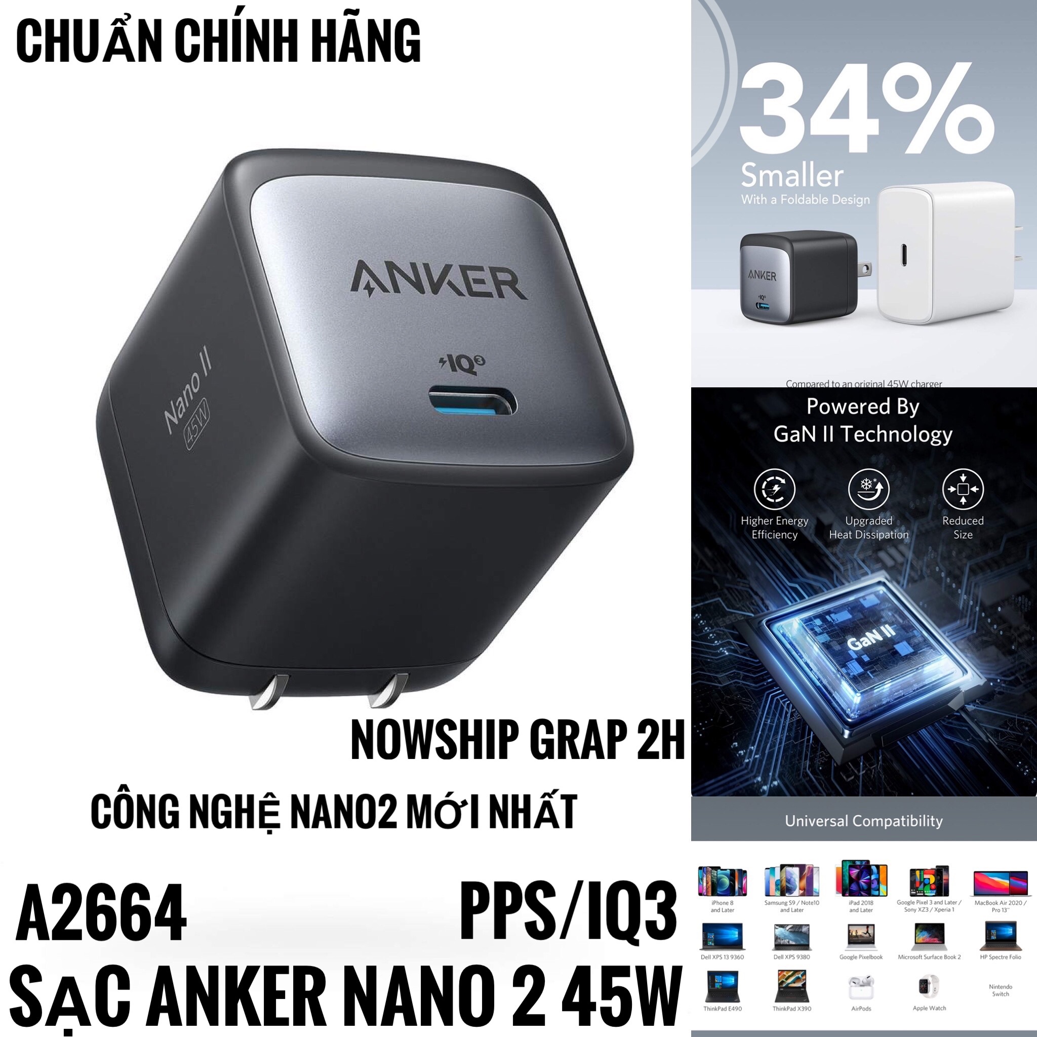 Củ sạc anker nano ii 45w gan ii - a2664 - pd/pps/qc 45w