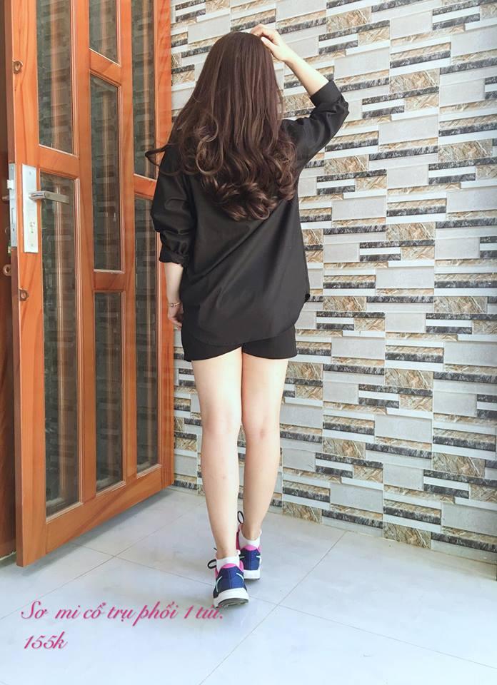 Sơ mi tay dài cổ trụ đen