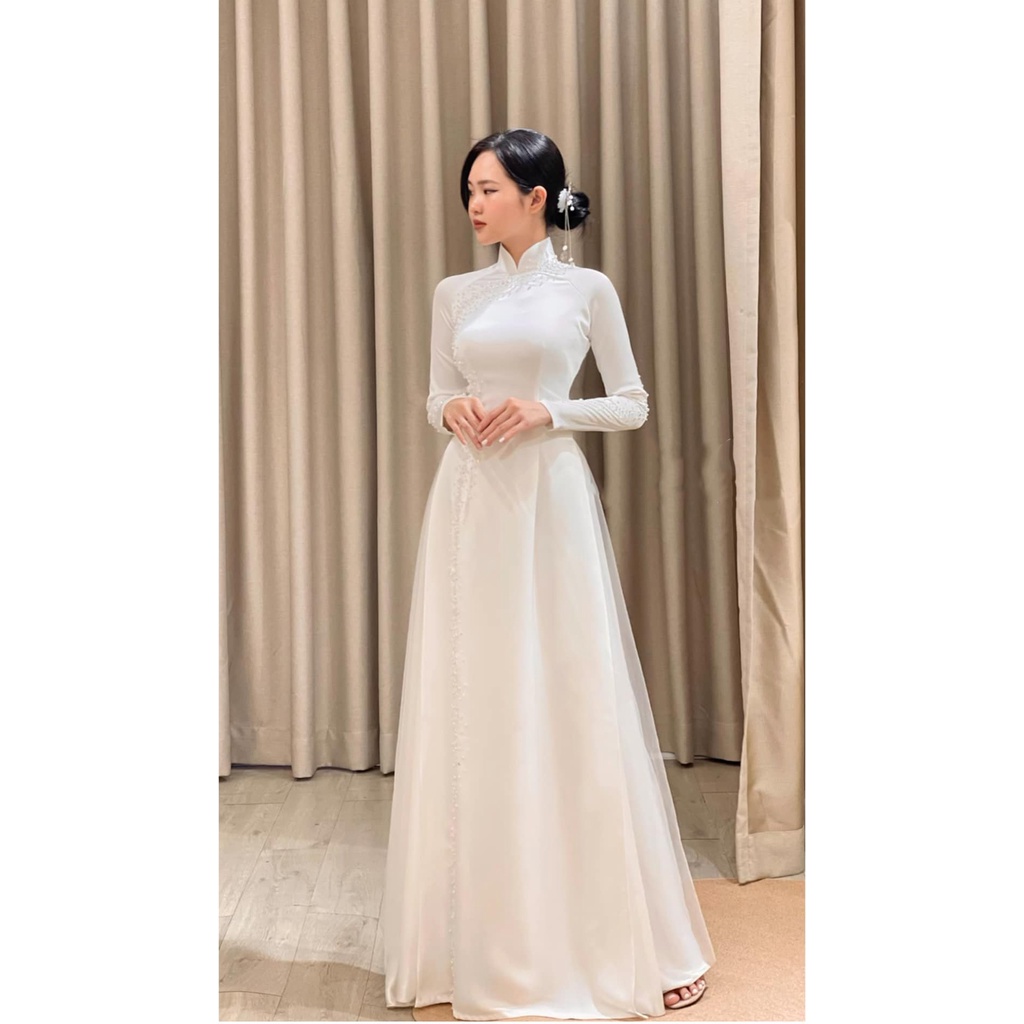 Áo dài cưới trắng 4 tà [CAMHOUSE] chất liệu lụa tủa phale 1 bên sườn