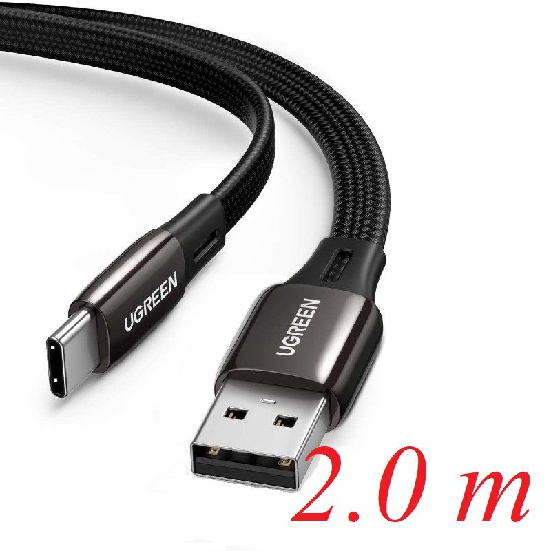 Ugreen 10965 2M cáp usb A ra type C mỏng dẹp 2.5mm màu đen dây bện dù US330