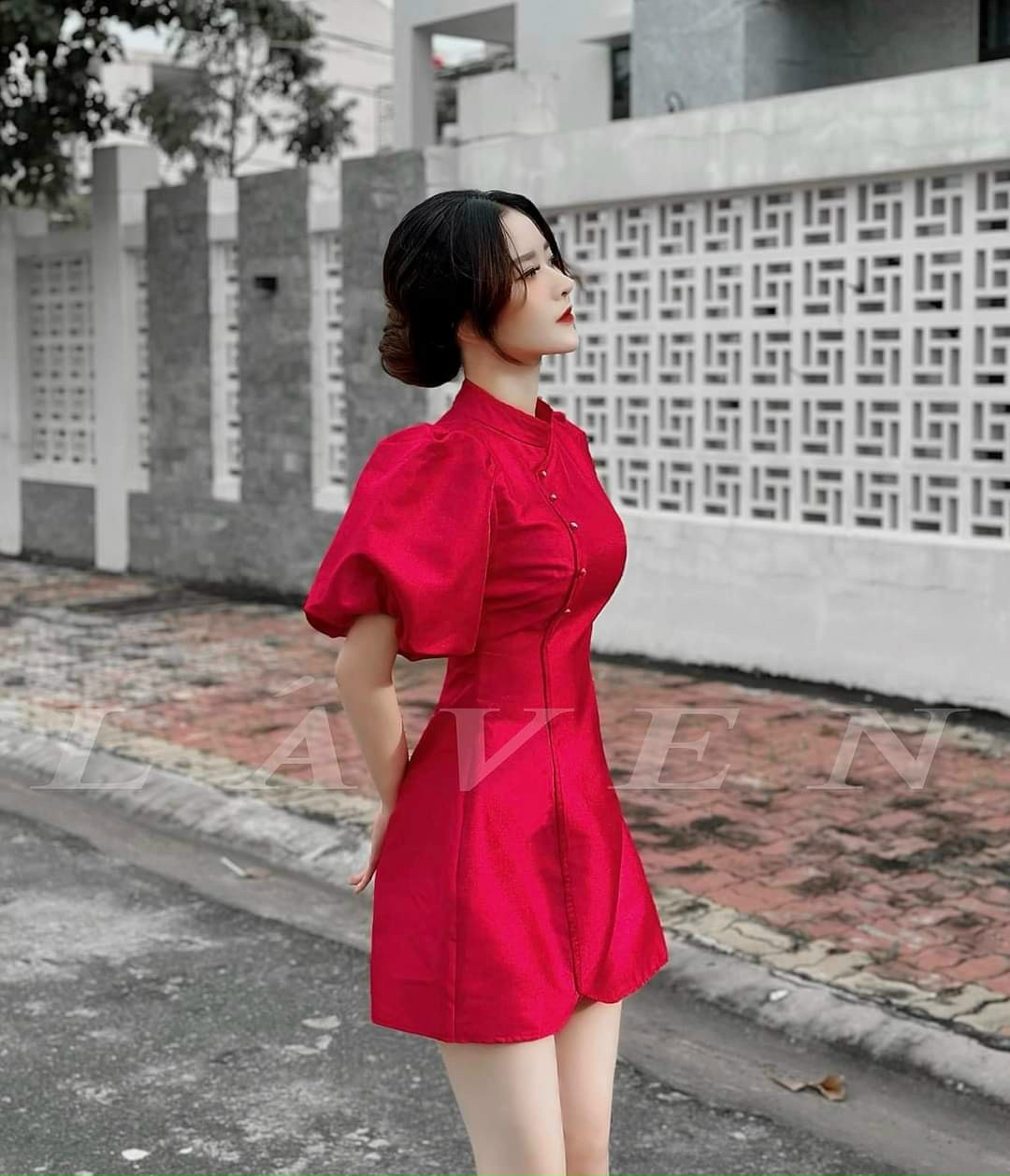 đầm cổ tàu tay phồng cực xinh