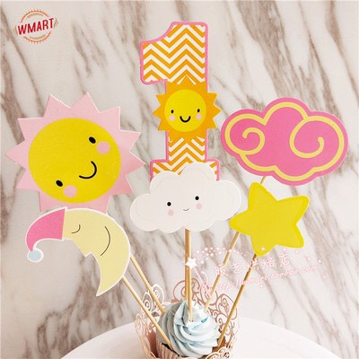 Trang trí bánh sinh nhật bánh kem - sét cắm thẻ 1 tuổi xanh, hồng