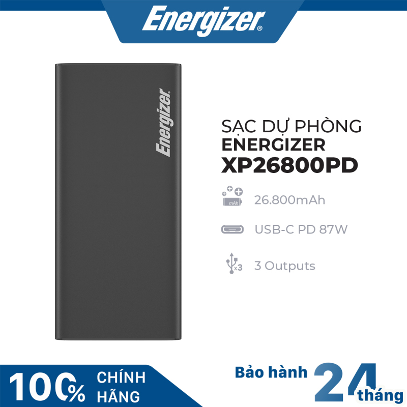Sạc dự phòng Energizer XP26800PD-26800mAh 2 cổng USB-A 1 cổng USB-C tích hợp PD 87W hỗ trợ sạc nhanh cho laptop, điện thoại.