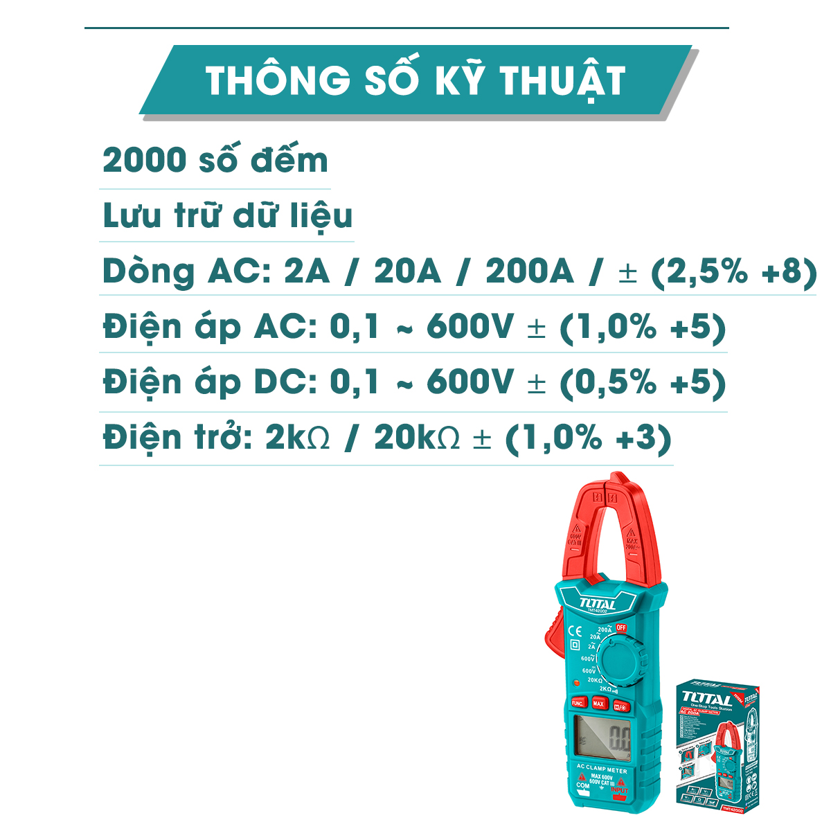 Đồng hồ đo điện đa năng Total Ampe kìm Ampe kế đo dòng điện kỹ thuật số 2000 số đếm màn hình LED đo được pin sạc máy khoan điện TMT42002