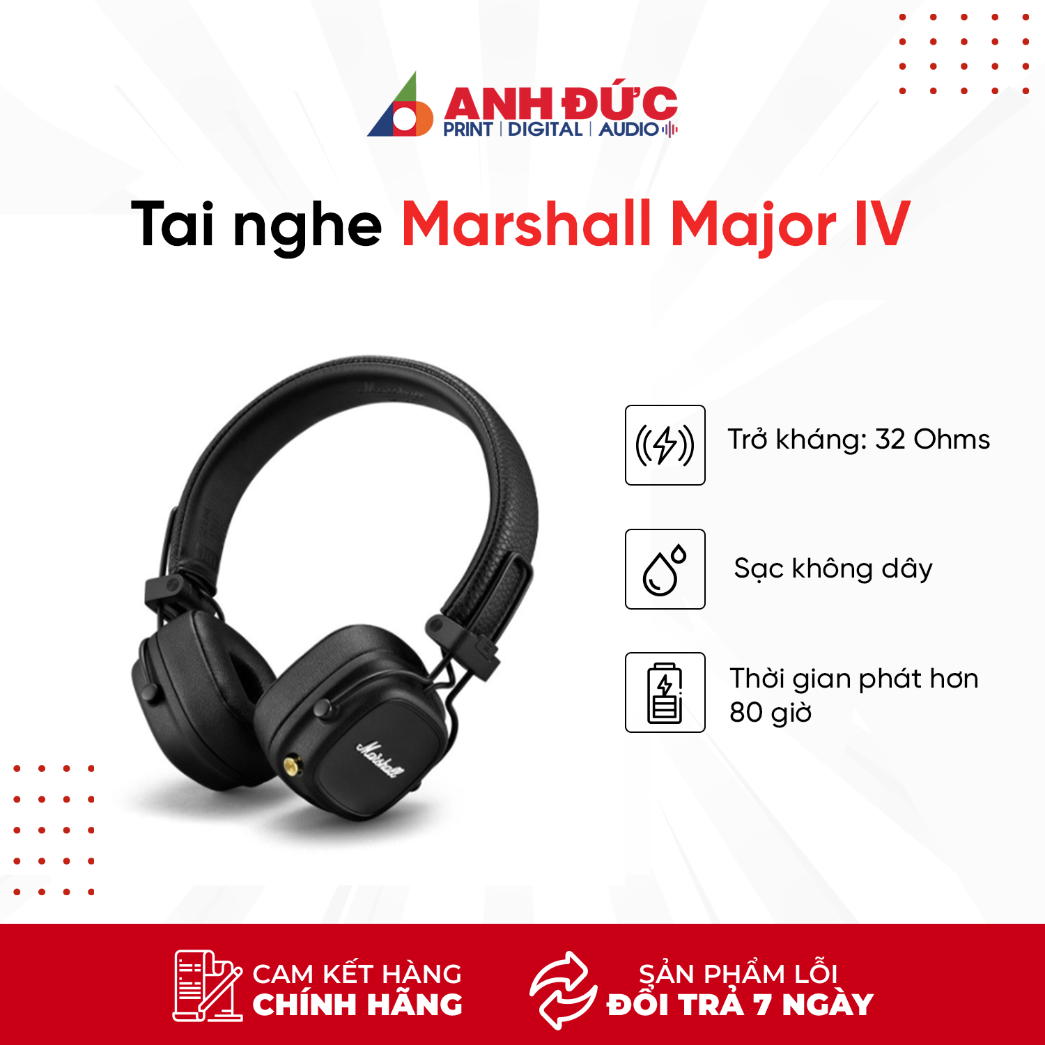 Tai nghe chụp tai Bluetooth Marshall Major IV - Hàng chính hãng bảo hàng 12 tháng ASH