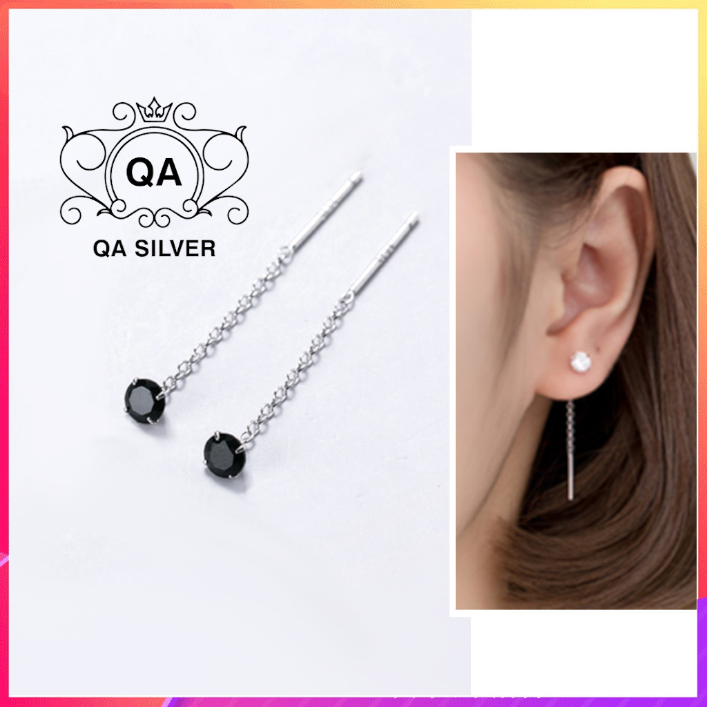 Khuyên tai bạc 925 dáng dài nụ đính đá đen trắng bông nữ S925 CHAIN QA SILVER Earrings EA250503