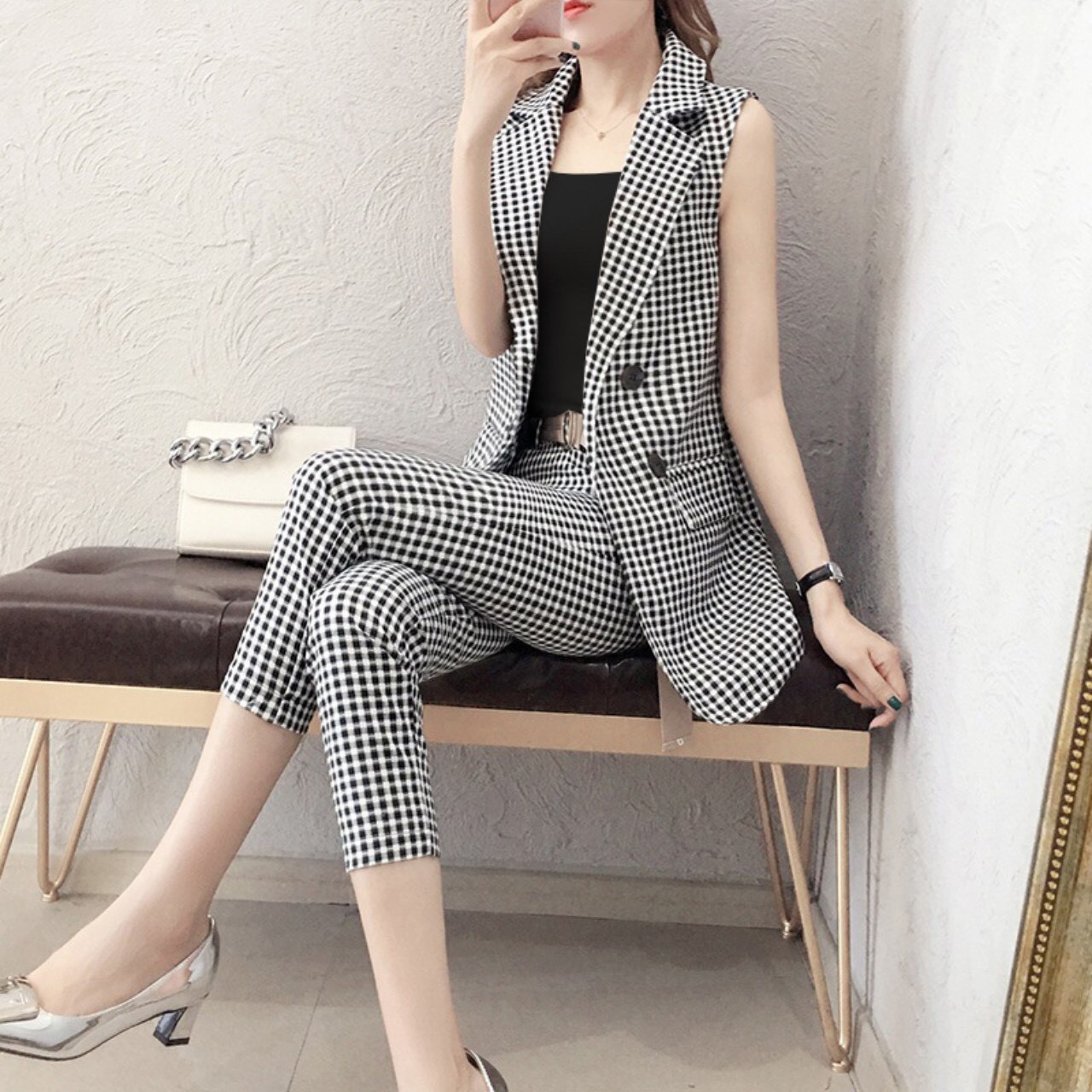 Set bộ 3 món kiểu vest caro kèm belt - yb19442