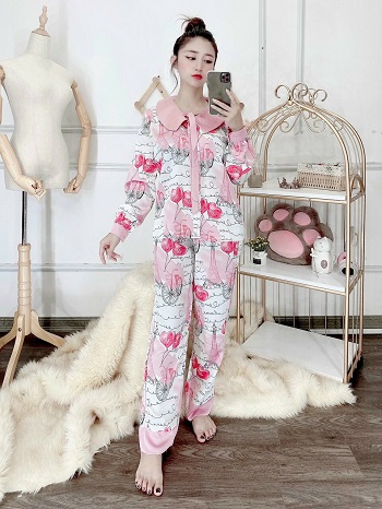 Sét bộ lụa satin bánh bèo cổ phối thêm nơ