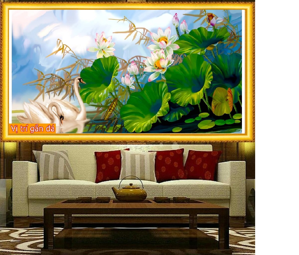 Tranh đính đá hạnh phúc bình an đôi uyên ương và hoa sen xanh VS413 KT80x47 Siêu Thị Tranh Thêu