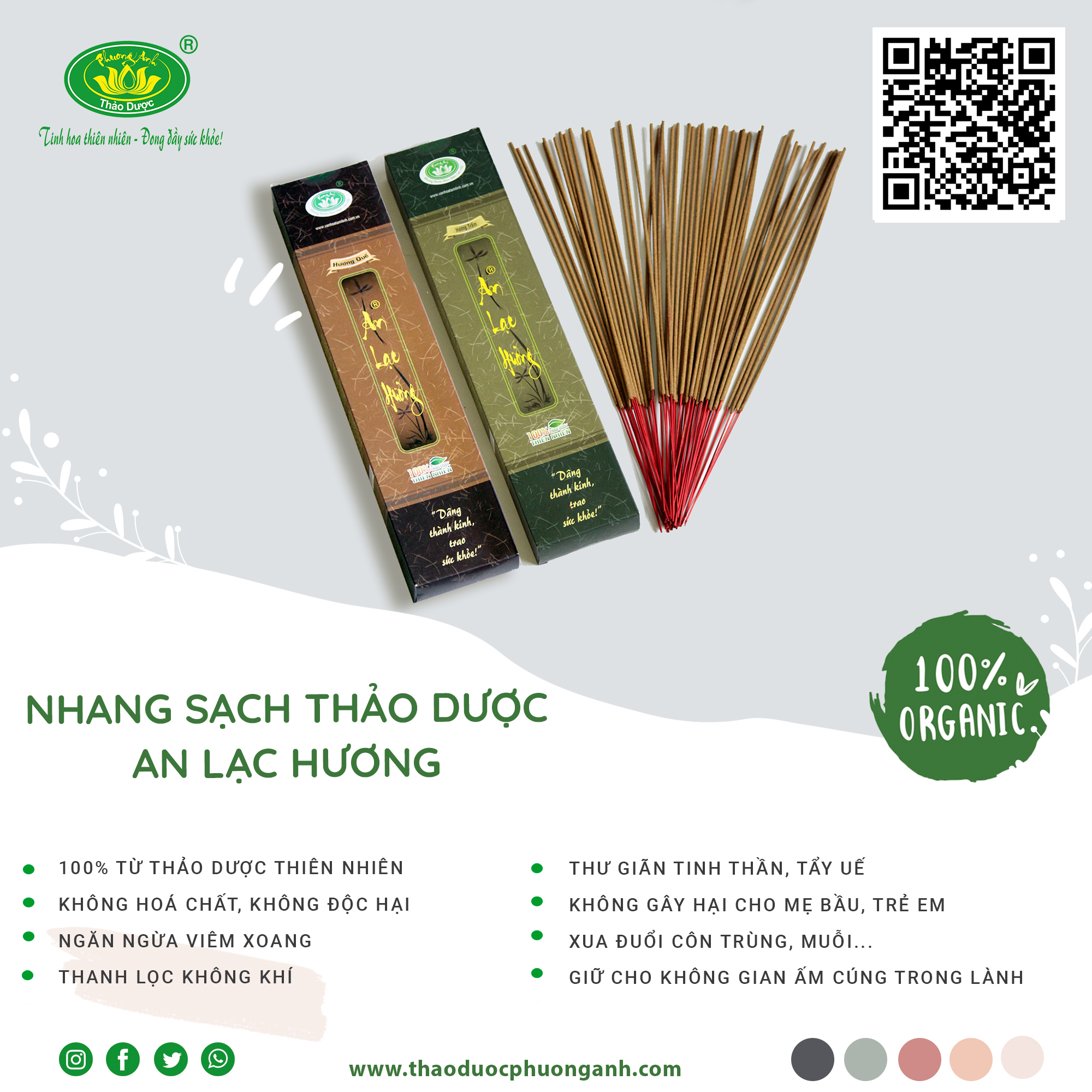 Nhang sạch thảo dược An Lạc Hương 4 tấc 100/200 cây hương Trầm Bắc/Quế thời gian cháy 75 phút Thảo Dược Phương Anh