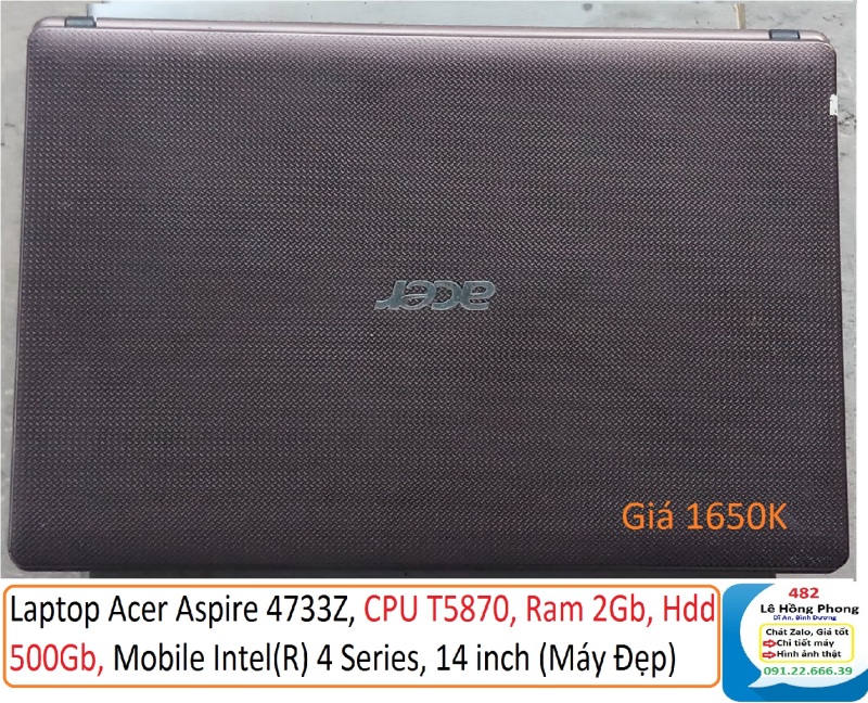 Laptop Acer Aspire 4733Z, CPU T5870, Ram 2Gb, Hdd 500Gb, Mobile Intel(R) 4 Series, 14 inch (Máy Đẹp)
