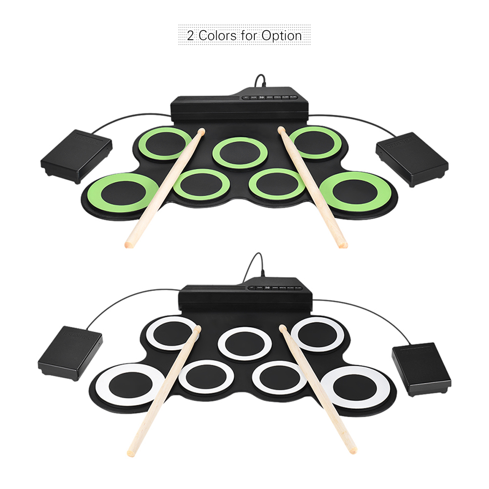 Compact Size Portable Digital Electronic Roll Up Drum Set Kit 7 Silicon Drum Pads USB Powered with Drumsticks Foot Pedals 3.5mm Audio Cable for Practice Beginners Kids