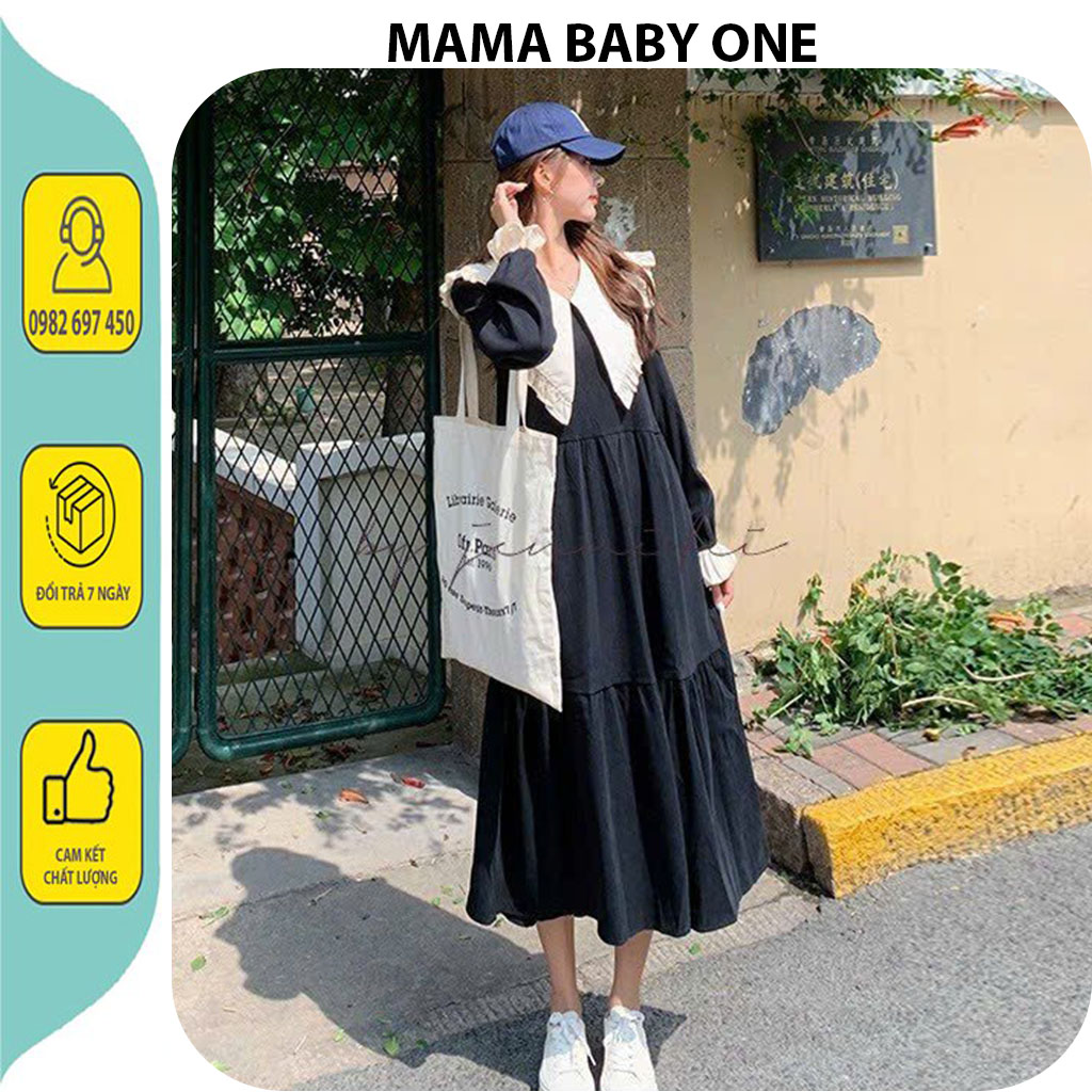 Váy đầm bầu thời trang thiết kế cổ sen viền bèo tiểu thư-váy bầu thu đông dài taydáng suông chất đẹp frsize