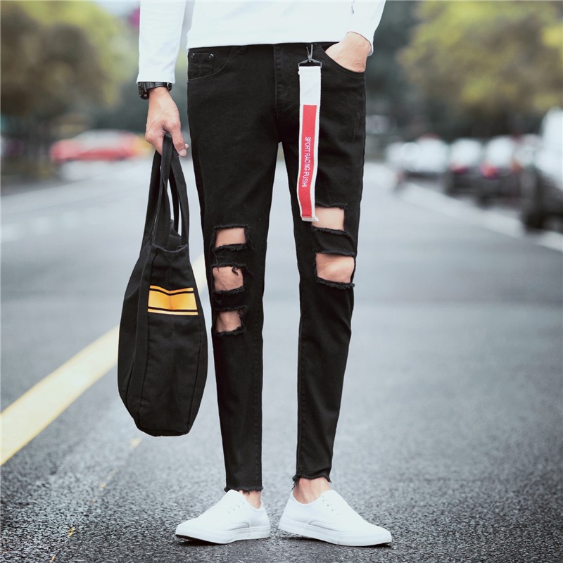[HCM]Quần Jean TRắng Đen Rách Thời TRang