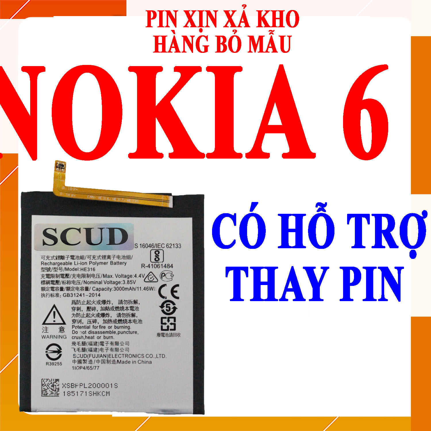 Pin Scud cho Nokia 6 HE316 dung lượng 3000mAh (Đen Trắng)