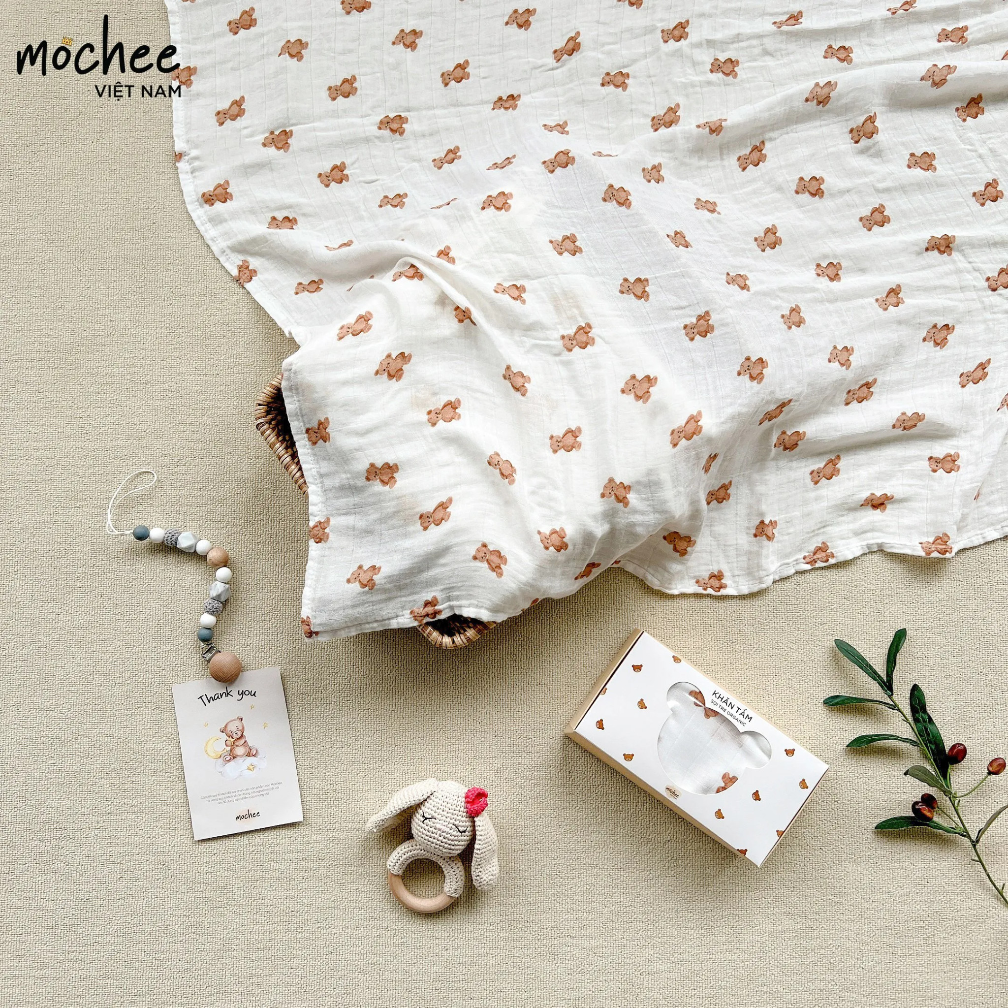 Khăn tắm sợi tre Mochee gấu con 110x120cm