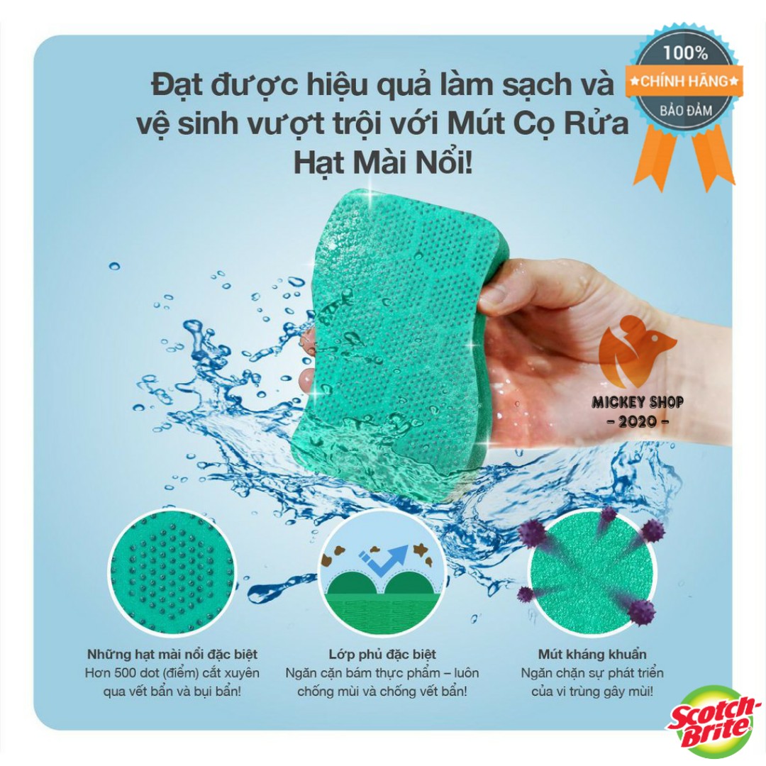 SCOTCH-BRITE™ MIẾNG CỌ RỬA HẠT MÀI NỔI CÓ MÚT SIÊU SẠCH ( Bịch 2 miếng)