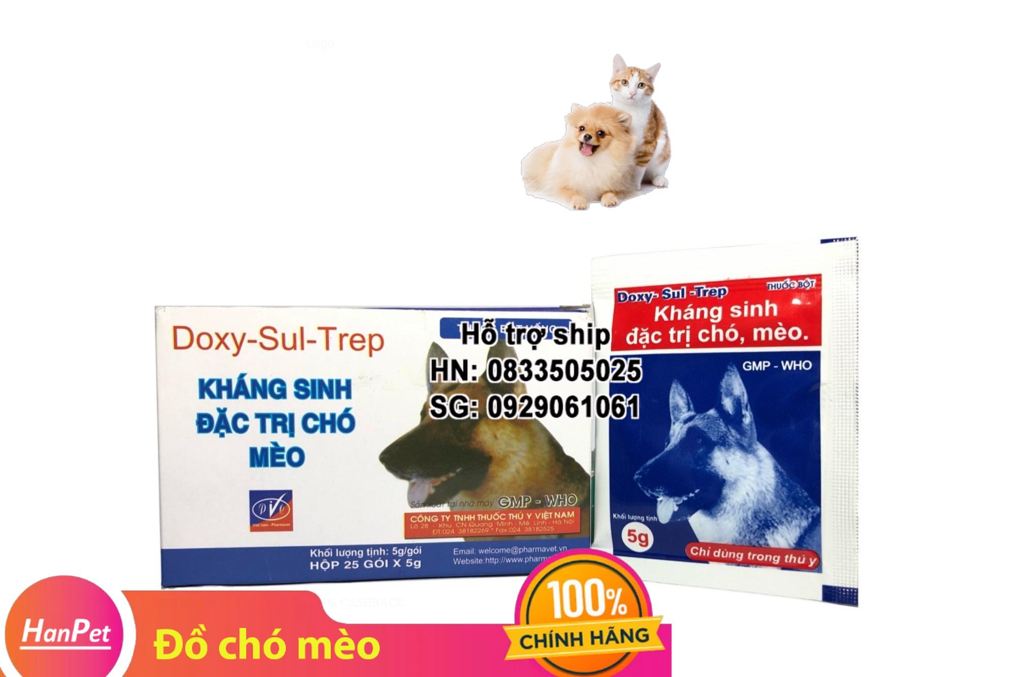 Hanpet - (hộp 25 gói)- Thuốc uống phòng bệnh định kì phổ rộng cho chó mèo - DOXY-SUL-TREP