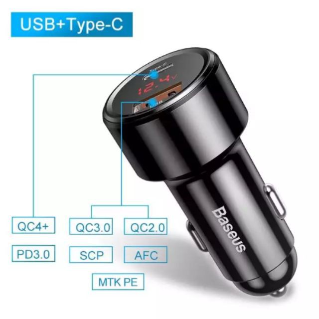 Tẩu sạc oto Baseus 45w sạc nhanh cổng usb + type c qc 3,0 4.0 cho ô tô xe hơi - cổng sạc led hiển thị - VT auto