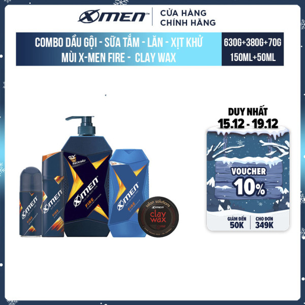 Bộ 5 Sản Phẩm XMen Fire: Dầu gội XMen Fire 650g + Sữa tắm XMen Fire 380g + Xịt khử mùi XMen Fire 150ml + Lăn khử mùi Xmen Fire 50ml + Sáp đất Sét Xmen Salon solution - Clay wax 70g