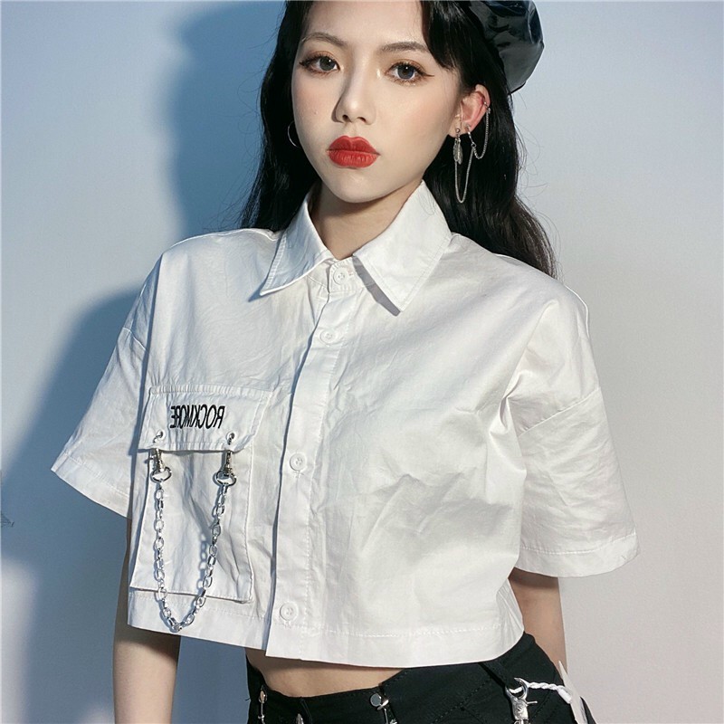 [HCM]Áo Croptop Trắng Cổ Bẻ Phối Xích