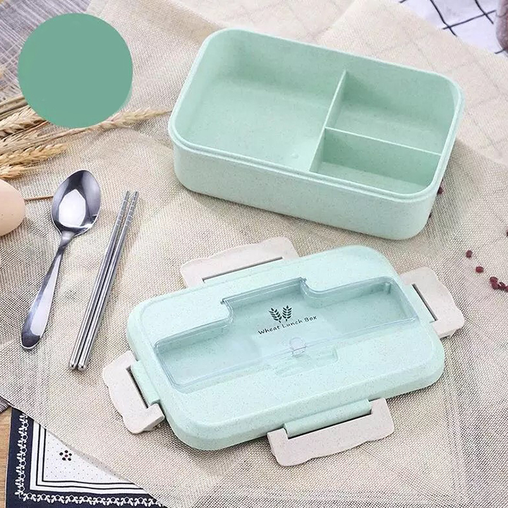 Hộp đựng cơm 3 ngăn múa mạch kèm đũa và thìa-Hộp cơm chữ nhật 1 tầng (3 ngăn) chất liệu lúa mạch tặng kèm thìa đũa inox cao cấp  Hộp đựng thức ăn