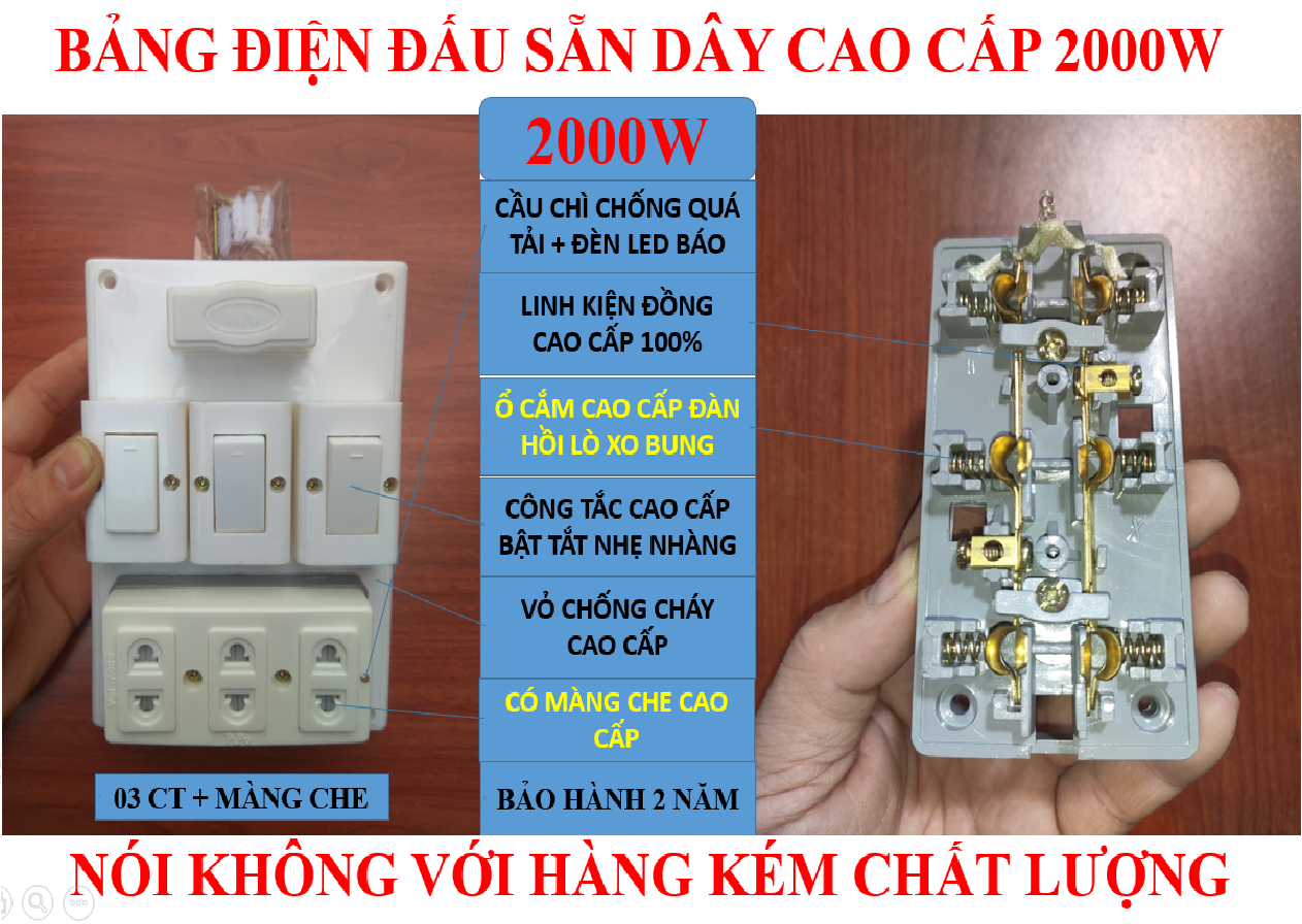 Bảng điện, Taplo cao cấp 2000W + BH 02 năm + MÀNG CHE AN TOÀN + 03 Công tắc + Ổ cắm lò xo chống giãn + Đèn LED báo + Đi dây sẵn sàng và bộ ốc vít lắp đặt (bộ 01 sản phẩm)