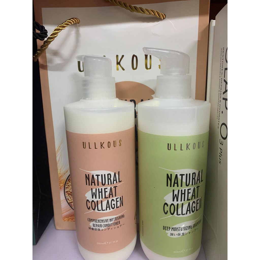 Cặp dầu gội xả ullkous natural wheat collagen 500ml x2