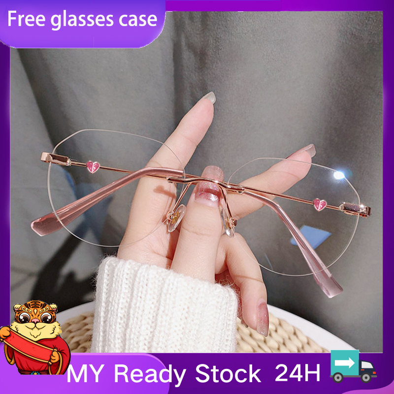 Giá bán 🔥Hộp đựng kính miễn phí🔥Rimless Polygon Heart Myopia Glasses for Women Metal Temples Rose Gold Computer Eyeglasses Blue Light Block Prescription Eyewear
