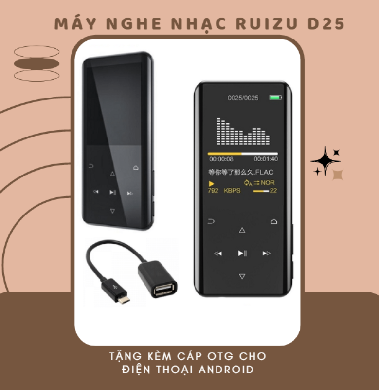 Máy nghe nhạc - Hifi Music PlRuizu D25 hỗ trợ Bluetooth 5.0 bộ nhớ trong 16G Player Ruizu D25 Tặng kèm Cáp OTG cho điện thoại Android cổng Micro Usb - Hàng chính hãng