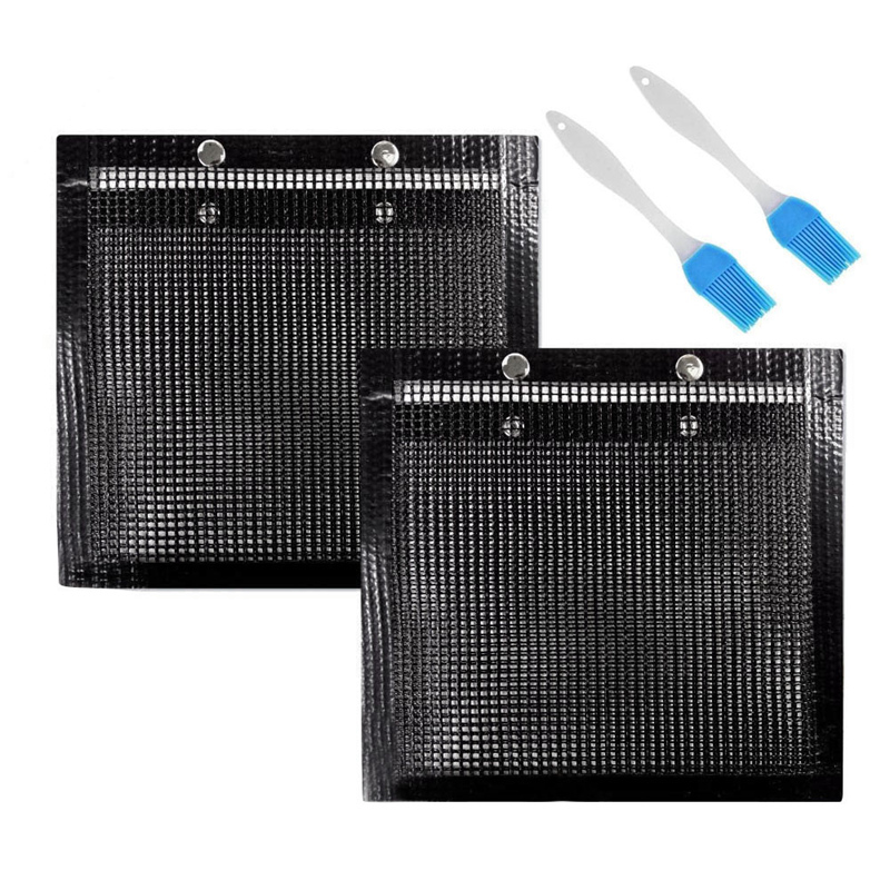 2 Pcs BBQ Grill Mesh Bag with Brush, Non-Stick BBQ Baked Grilling PTFE Bag for Outdoor Picnic Cooking Barbecue