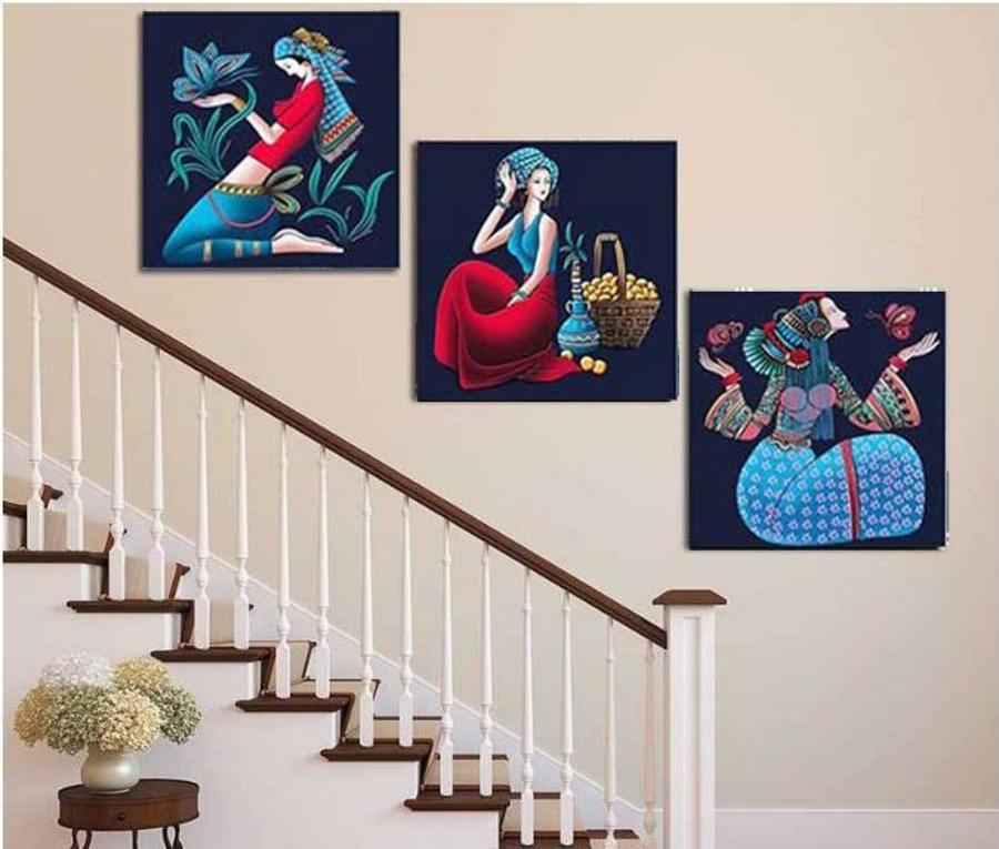 Lalashop - Bộ 3 Tấm tranh treo tường nghệ thuật dân tộc Tranh 3 Cô Gái Bắc Âu Trừu Tượng (HG-TG441) trang trí decoor tường phòng khách trang trí decor phòng ngủ cửa hàng cao cấp