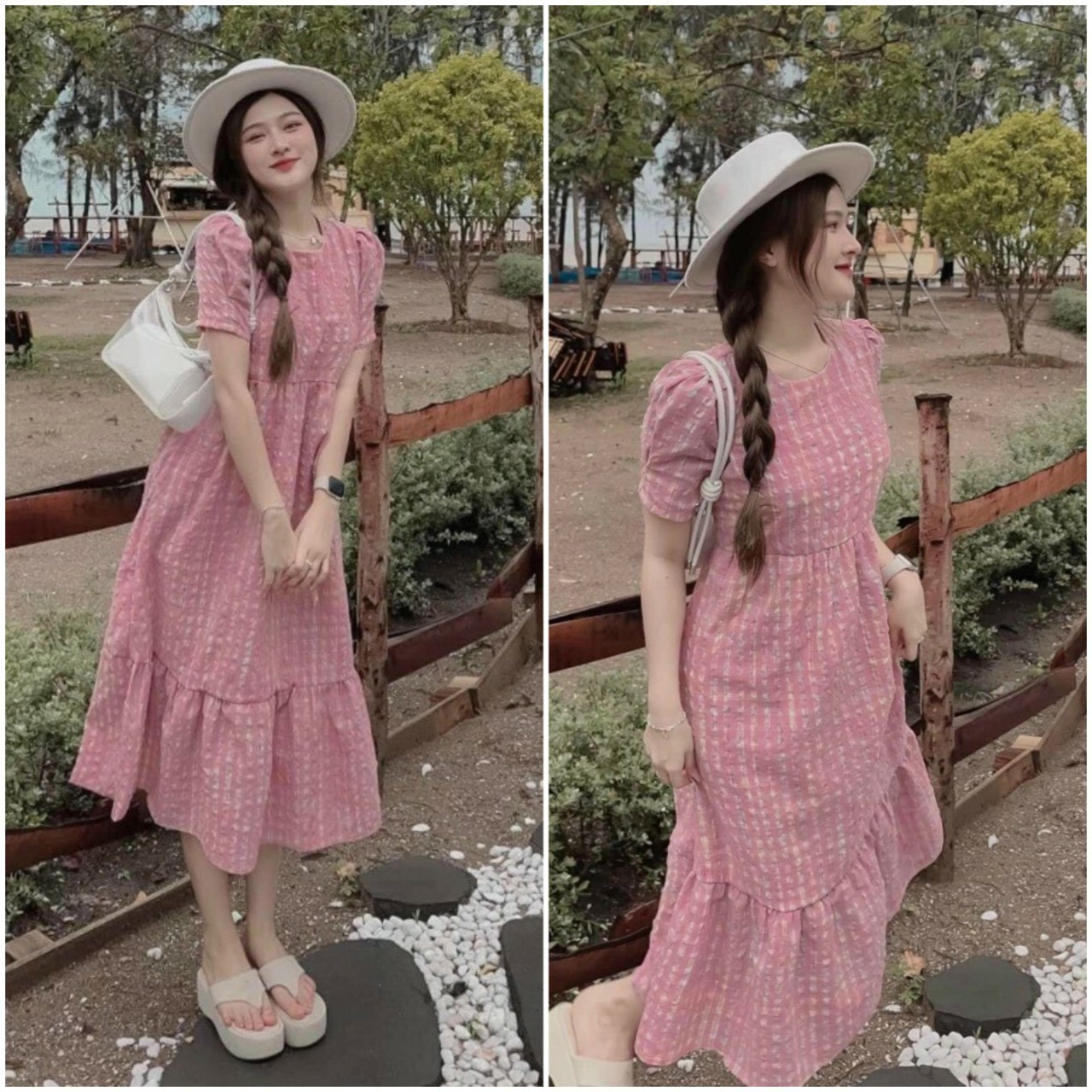 Váy maxi đuôi cá cộc tay kẻ hồng, đầm bầu dáng suông đuôi cá màu hồng xinh xắn