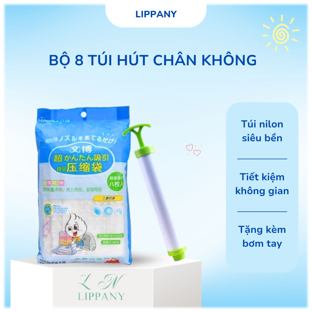 BỘ 8 TÚI HÚT CHÂN KHÔNG ĐỰNG QUẦN ÁO CHĂN MÀN TẶNG KÈM BƠM TAY. TÚI ĐỰNG QUẦN ÁO