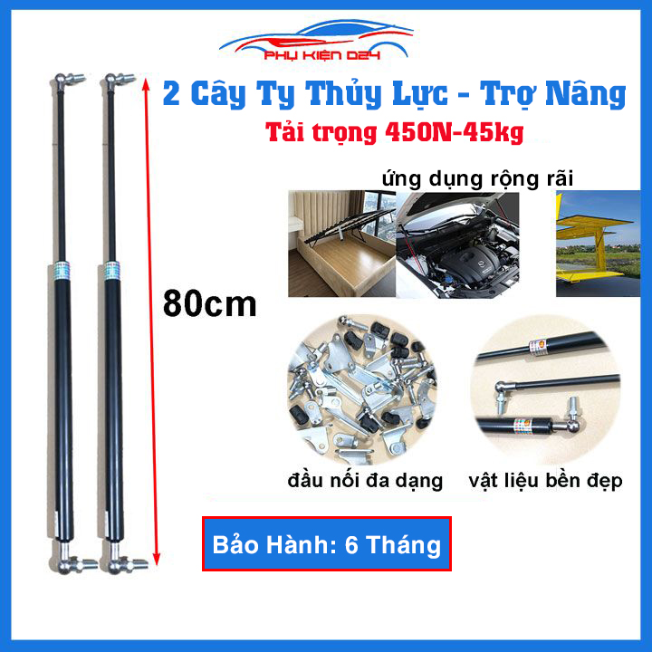 Bộ 2 ty thủy lực, ben hơi dài 80cm chịu lực 450N-45kg/1 cây chống nắp capo, cốp ô tô, cánh cửa công nghiệp trợ nâng, trợ lực tốt