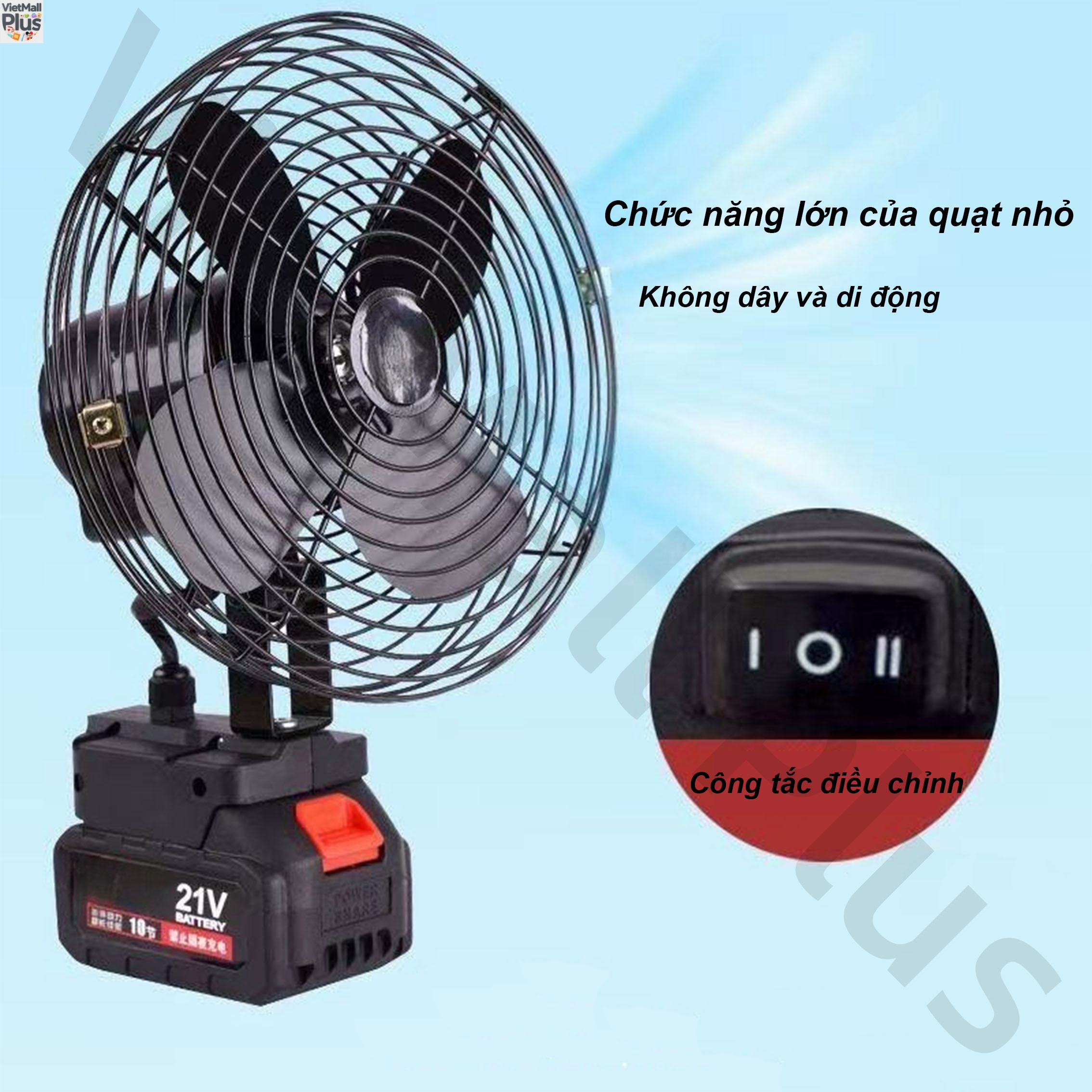Quạt Tích Điện Đế Pin 21V 10 Cell Pin Dùng Chung Chân Pin Phổ Thông Makita 2 Cấp Độ Gió Lồng Cánh Sắt