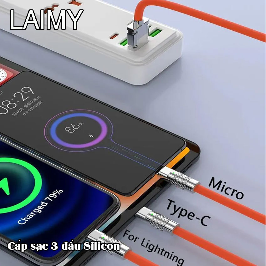 Cáp sạc 3 đầu silicon dùng cho Iphone lightning, type-C, micro - LAIMY