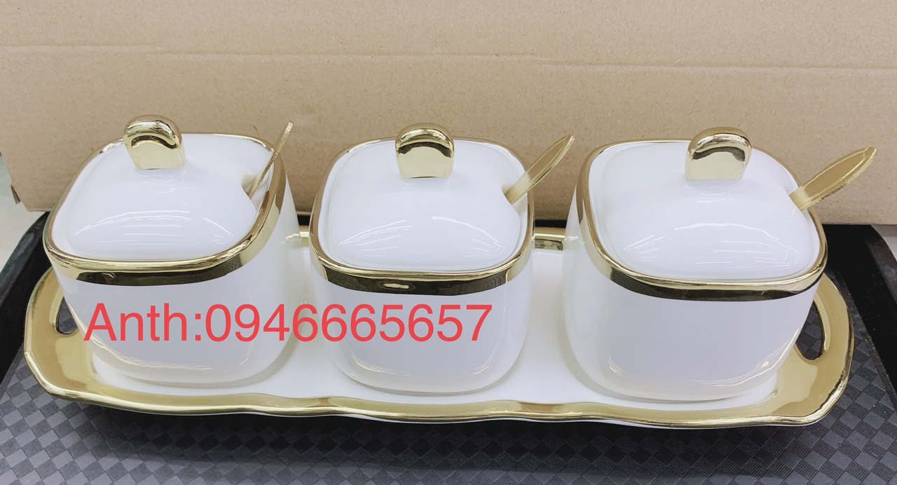 BỘ 3 HŨ ĐỰNG GIA VỊ BẰNG SỨ - TRẮNG