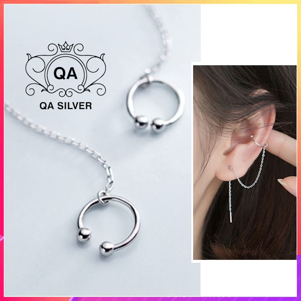 Khuyên tai bạc kẹp vành chữ C bi phối dây xích bông tai dài S925 EARCUFF QA Silver Earrings EA190502