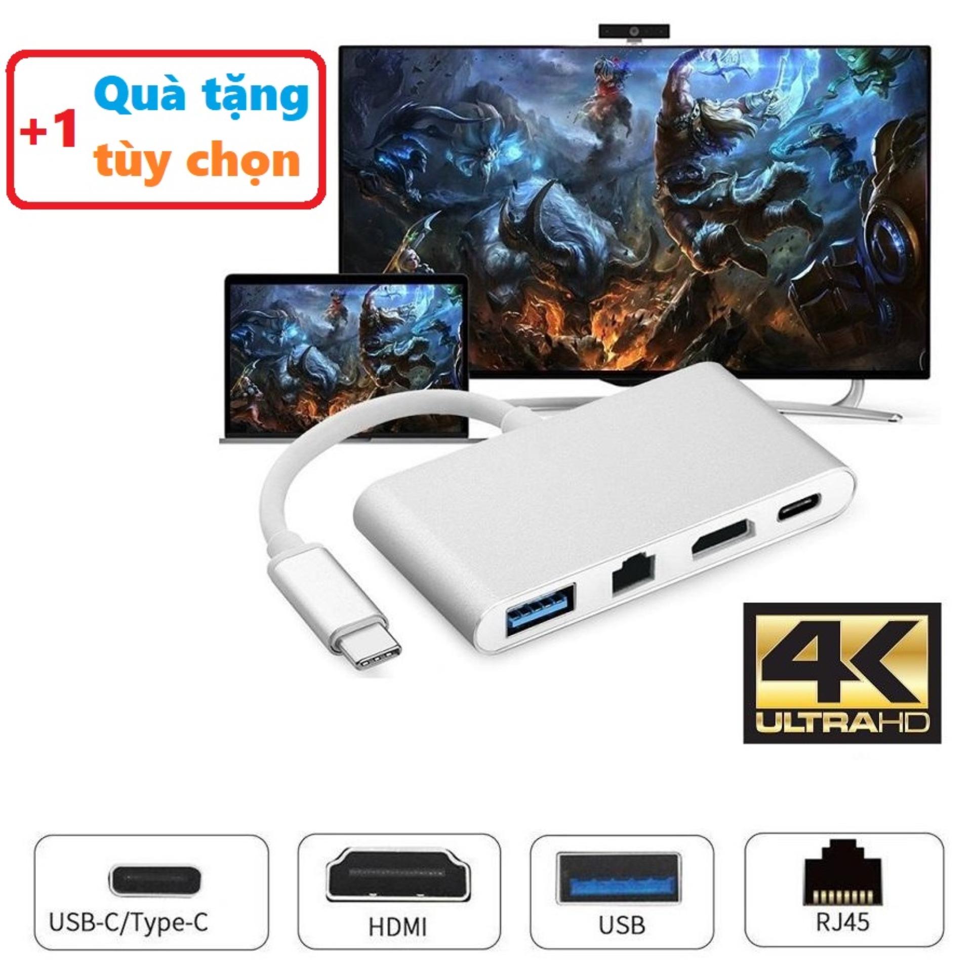 Cáp USB Type-C OTG to HDMI + Lan 10/100Mbps + Hub USB 3.0 vỏ nhôm cao cấp cho Macbook