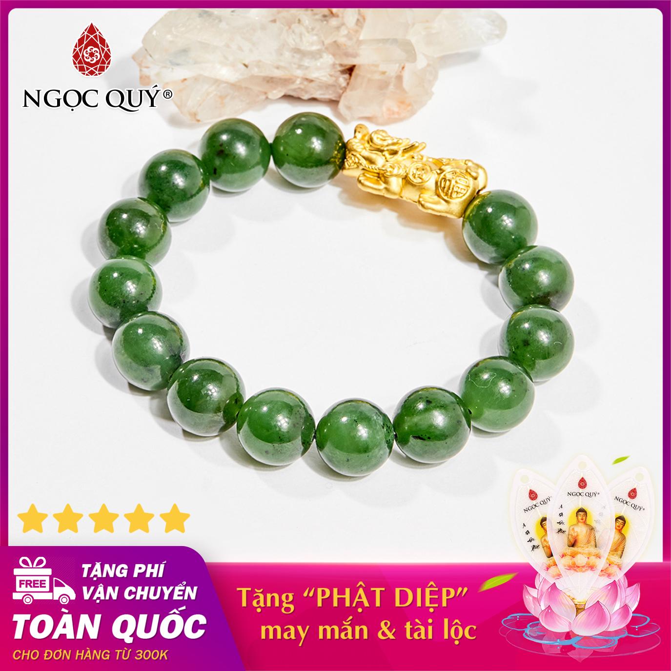 [HCM]Vòng tay đá Ngọc Bích phối charm Tỳ Hưu Vàng 24k size hạt 12mm (màu xanh ngọc) - Ngọc Quý Gemstones