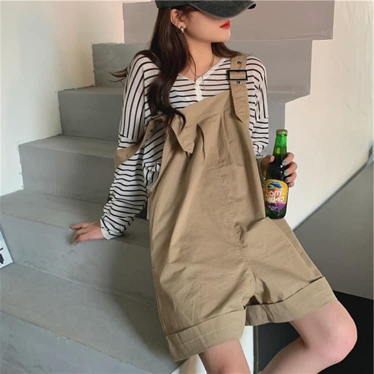 Quần yếm nữ kaki ulzzang ống rộng yếm quần đùi nữ hàn quốc yếm nữ 2 dây from rộng chất kaki màu đen be nâu quần short yếm nữ quần yếm nữ đi chơi LEVERMART