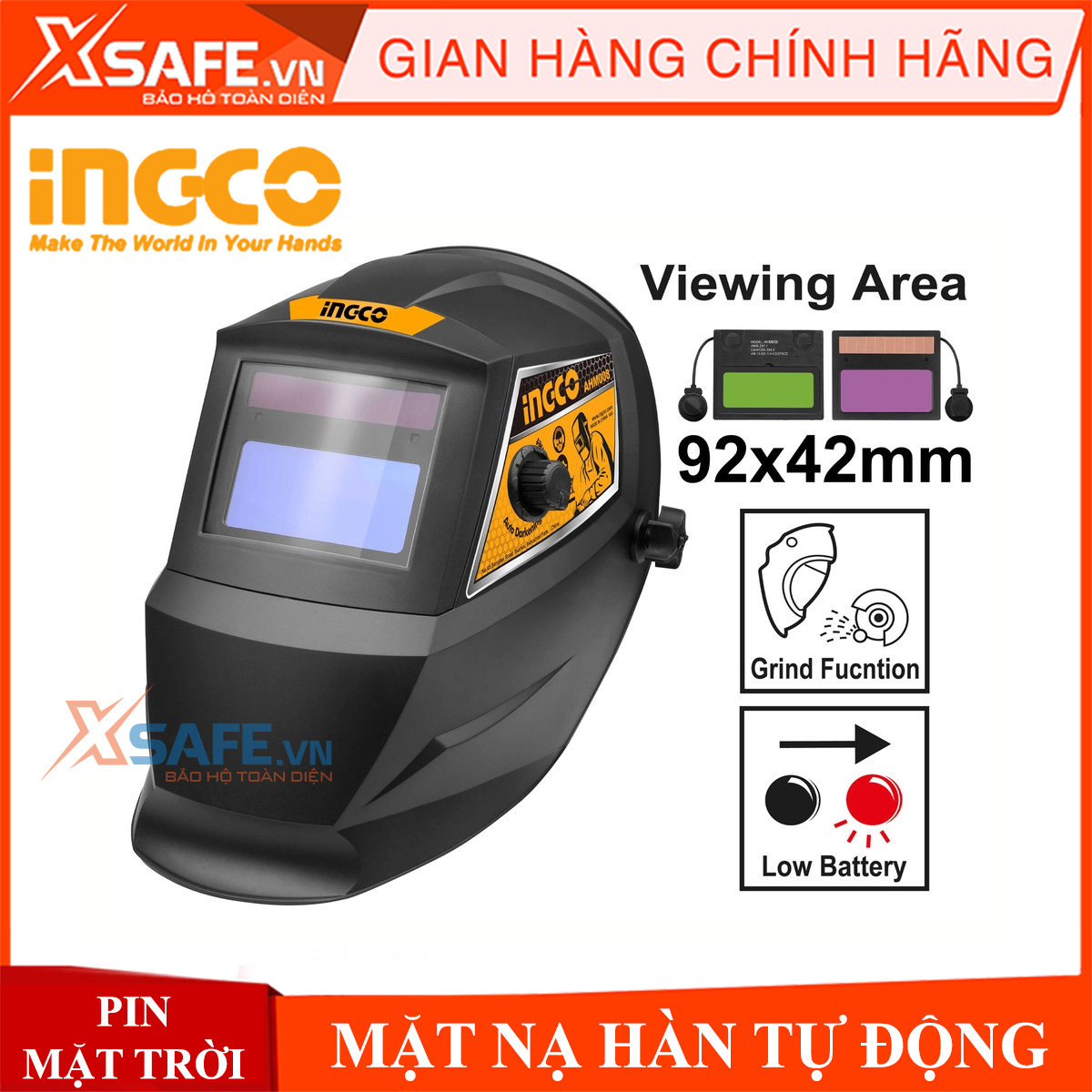 Mặt nạ hàn tự động Ingco AHM008 năng lượng mặt trời kính hàn điện tử đa cảm biến vùng quan sát rộng tự điều chỉnh độ sáng mặt kính lớn cho hàn điện Mig-Mag Tig Plasma