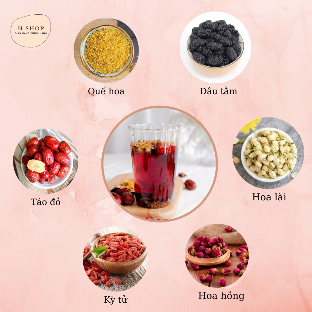 [1 gói dùng thử] trà dâu tằm lục vị thanh nhiệt (dâu tằm, quế hoa, nụ lài, táo đỏ, nụ hồng, kì tử)