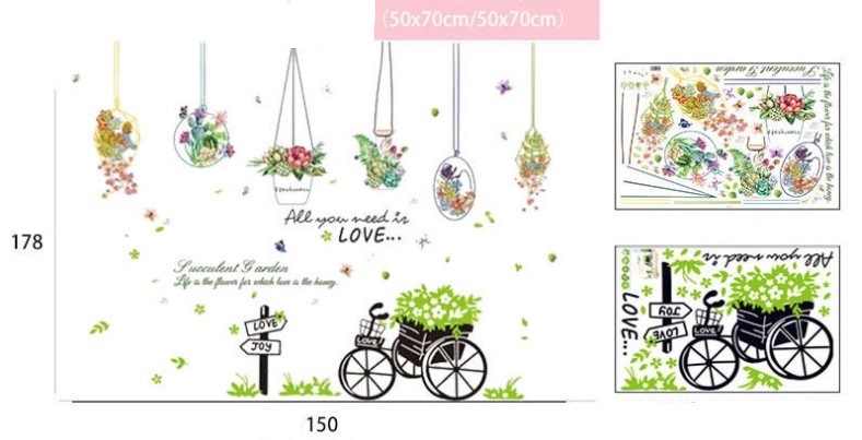 [HCM]DECAL DÁN TƯỜNG GIỎ HOA VÀ XE ĐẠP XANH