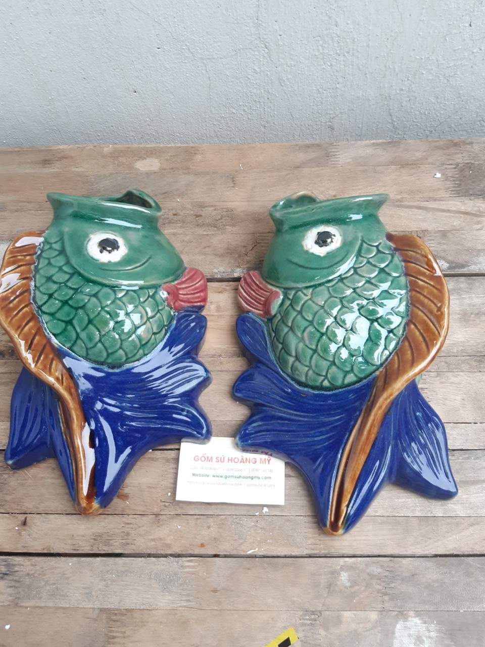 Chậu gốm treo tường cá rô phi 2 con